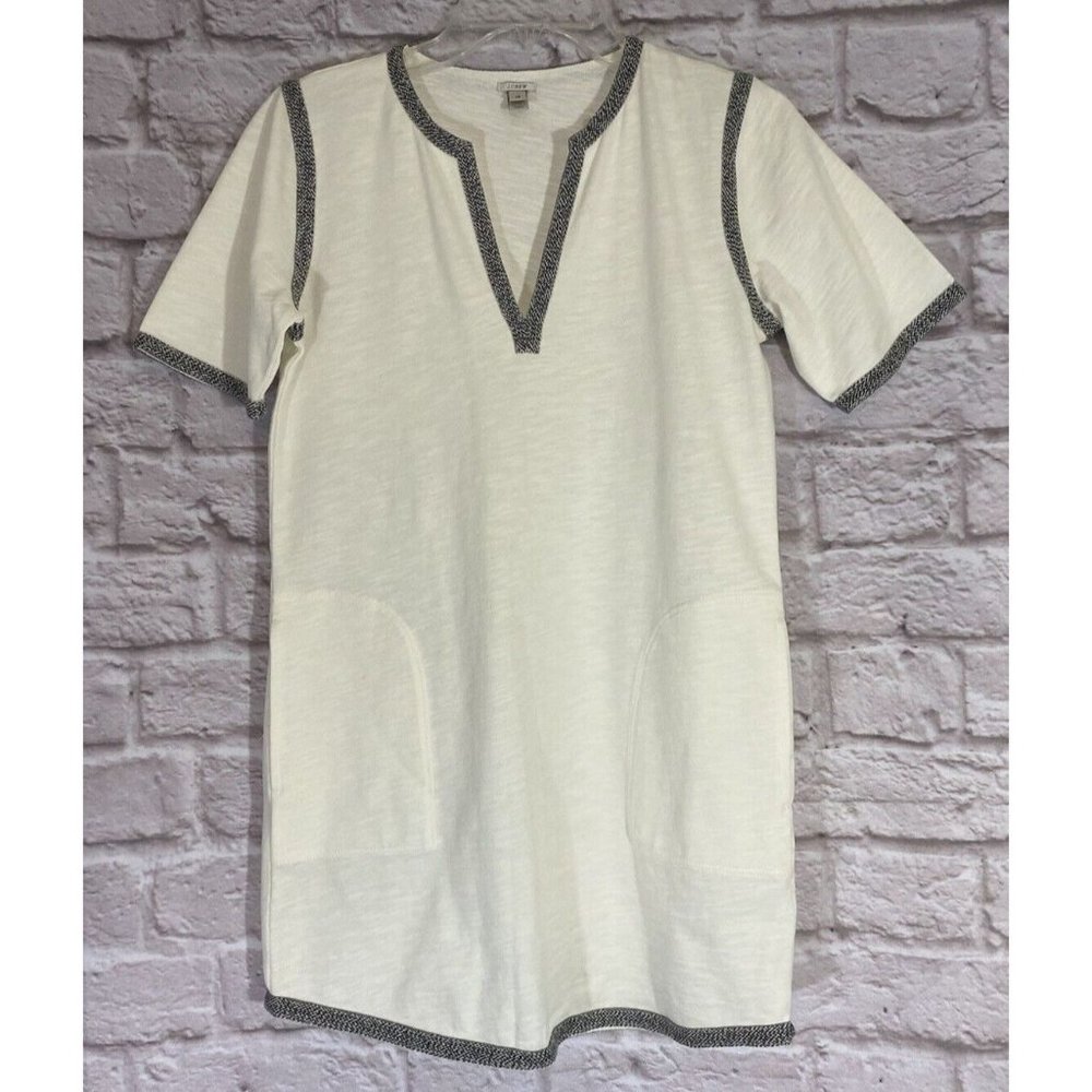 J CREW Tunic Dress XS Ivory Black Trim Pockets Cotton Cover Up Mini‎ Soft 9464